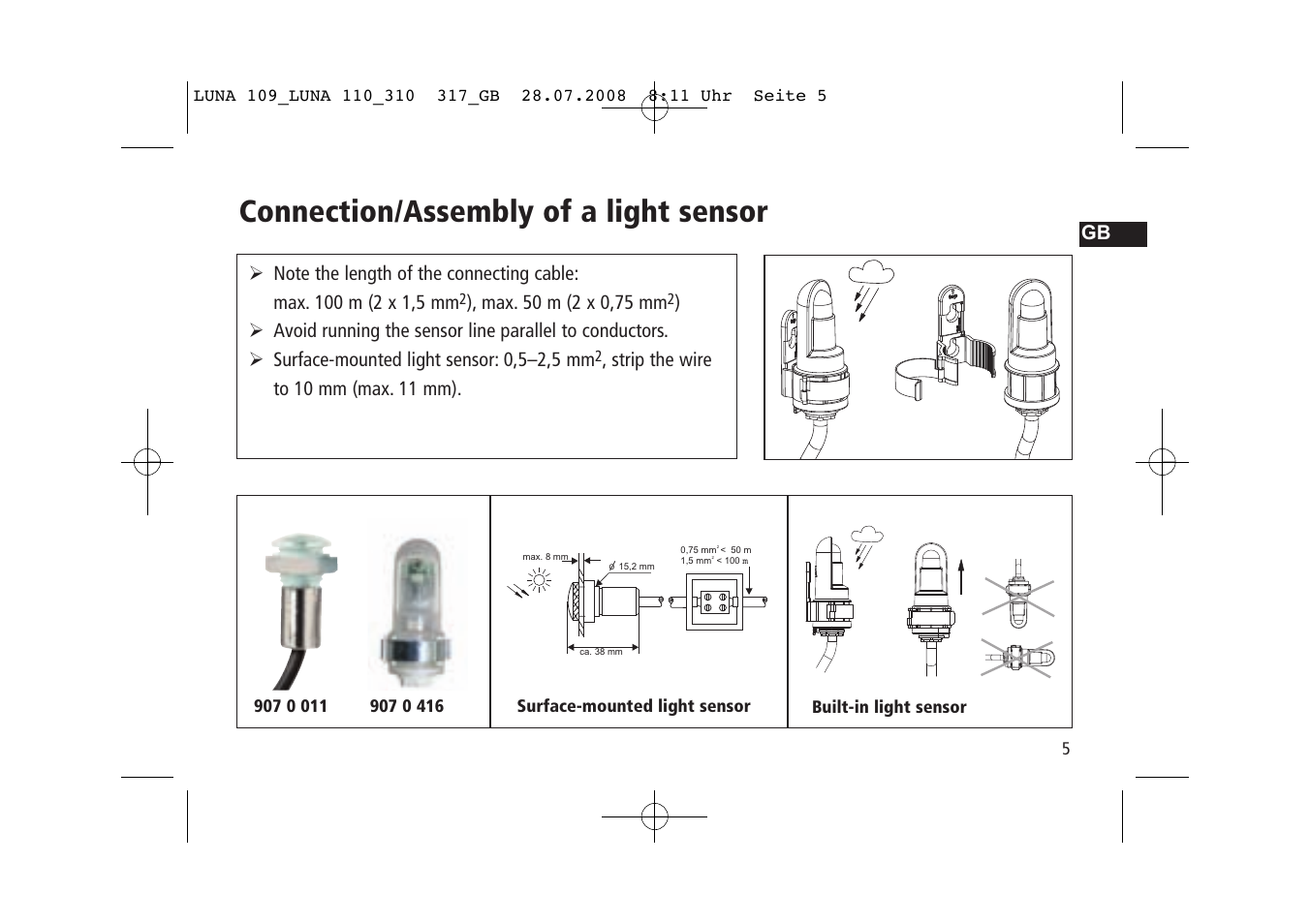 Connection/assembly of a light sensor, Strip the wire to 10 mm (max. 11 mm) | Timeguard LUNA 110 User Manual | Page 5 / 8