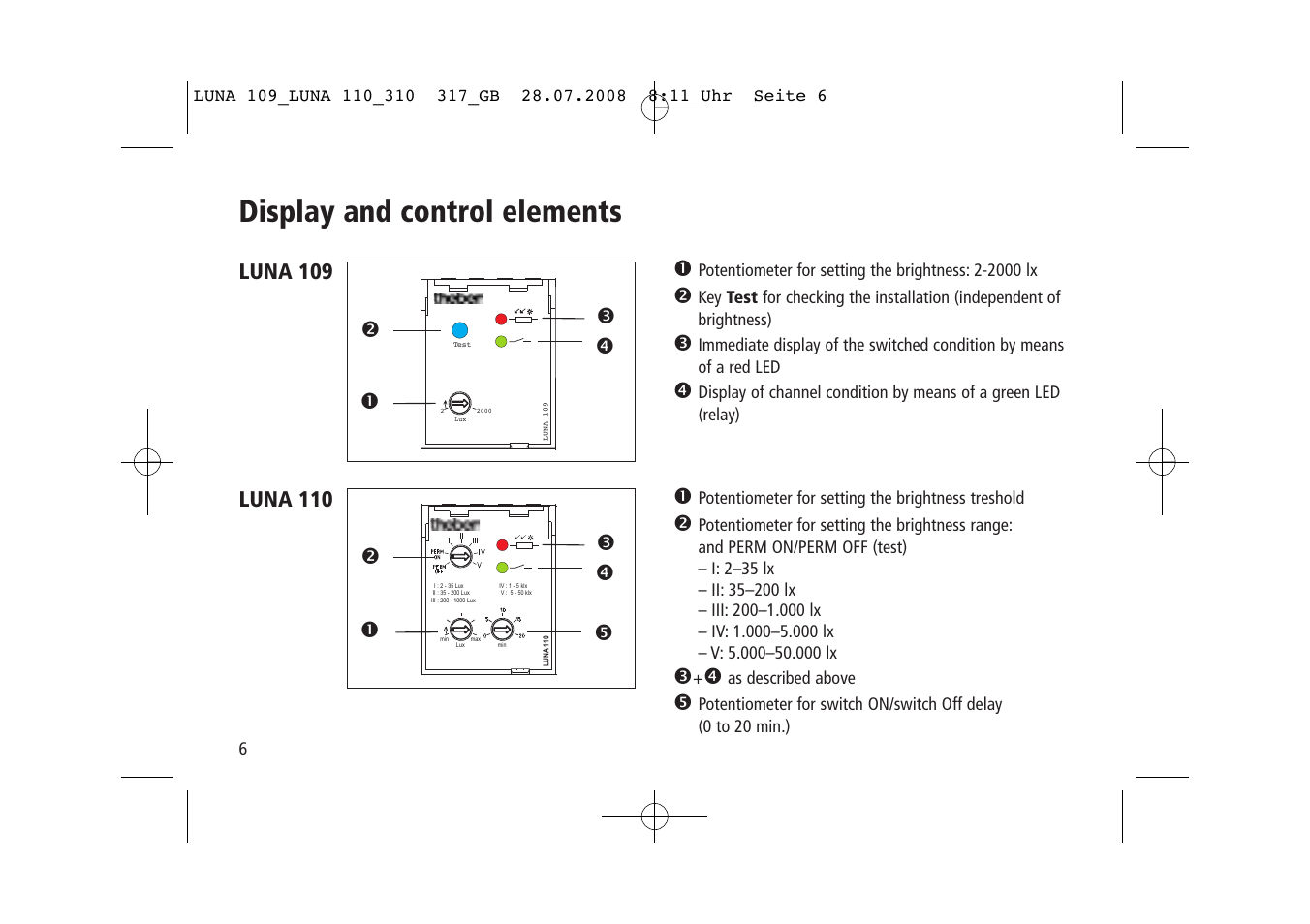 Display and control elements | Timeguard LUNA 110 User Manual | Page 6 / 8