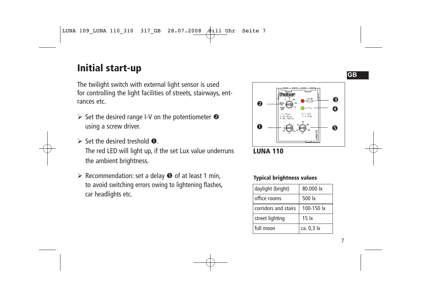 Initial start-up | Timeguard LUNA 110 User Manual | Page 7 / 8