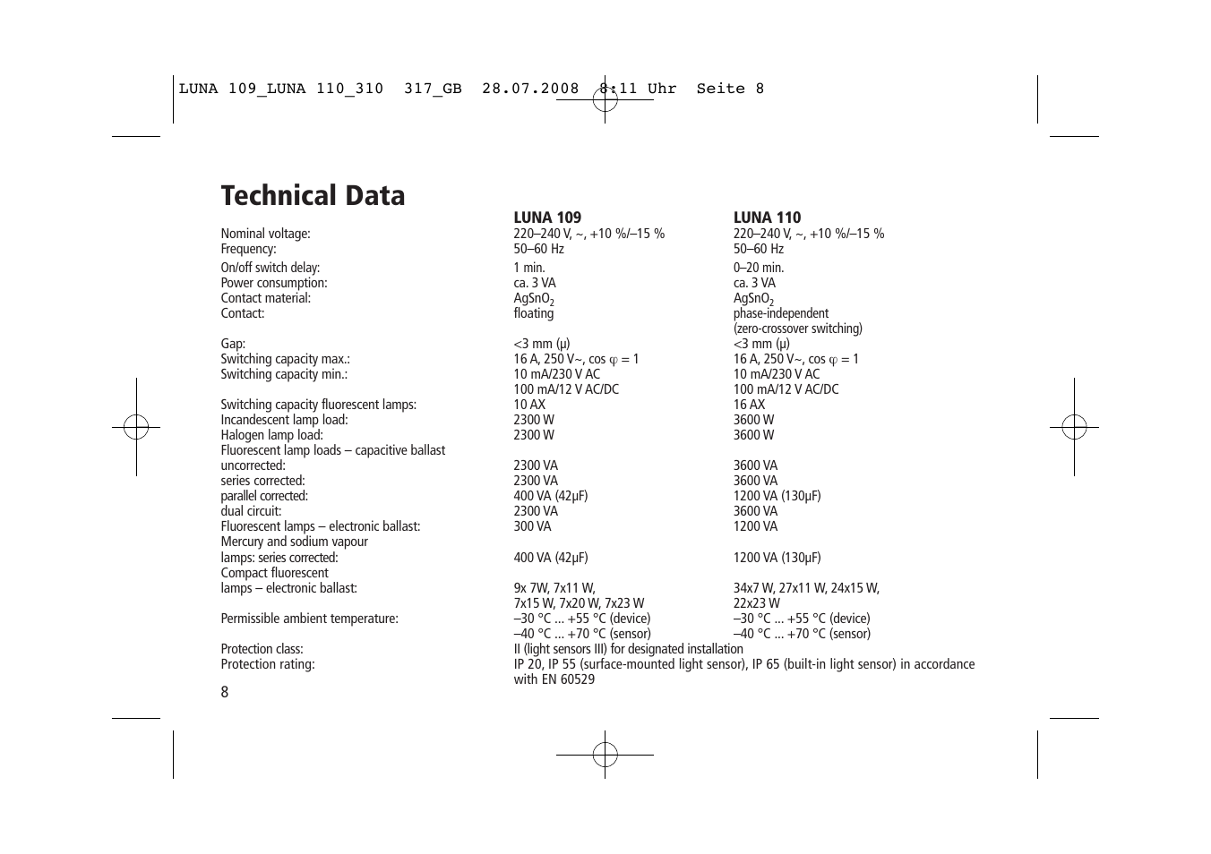Technical data | Timeguard LUNA 110 User Manual | Page 8 / 8