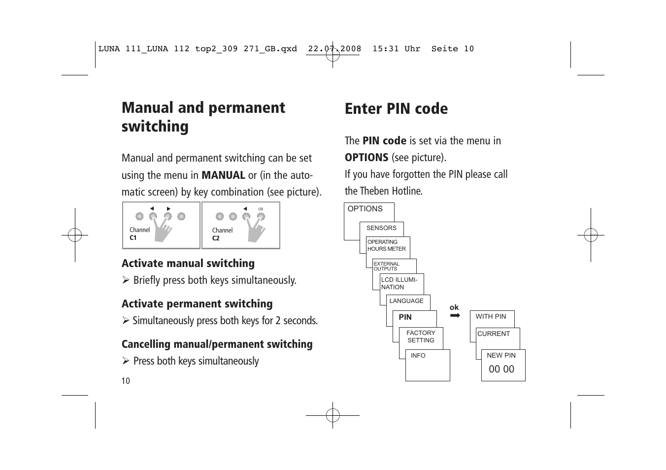 Manual and permanent switching, Enter pin code | Timeguard LUNA 111 top2 User Manual | Page 10 / 14