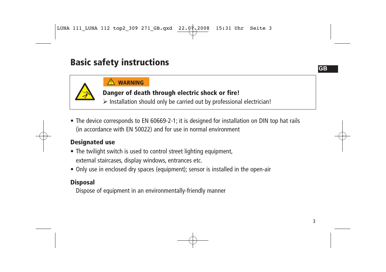 Basic safety instructions | Timeguard LUNA 111 top2 User Manual | Page 3 / 14