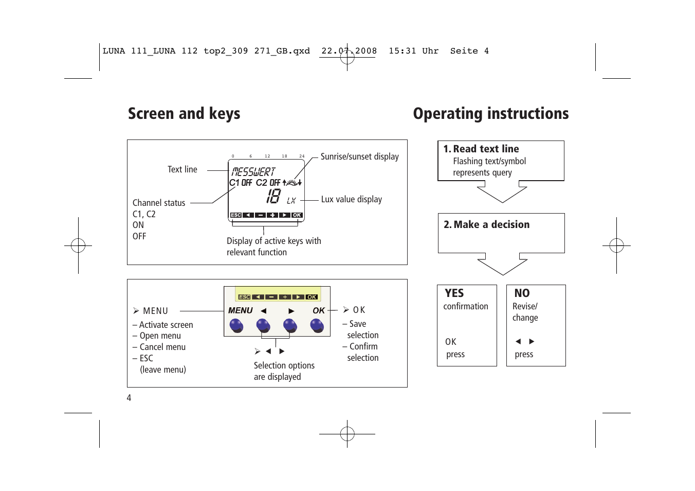 Screen and keys operating instructions | Timeguard LUNA 111 top2 User Manual | Page 4 / 14