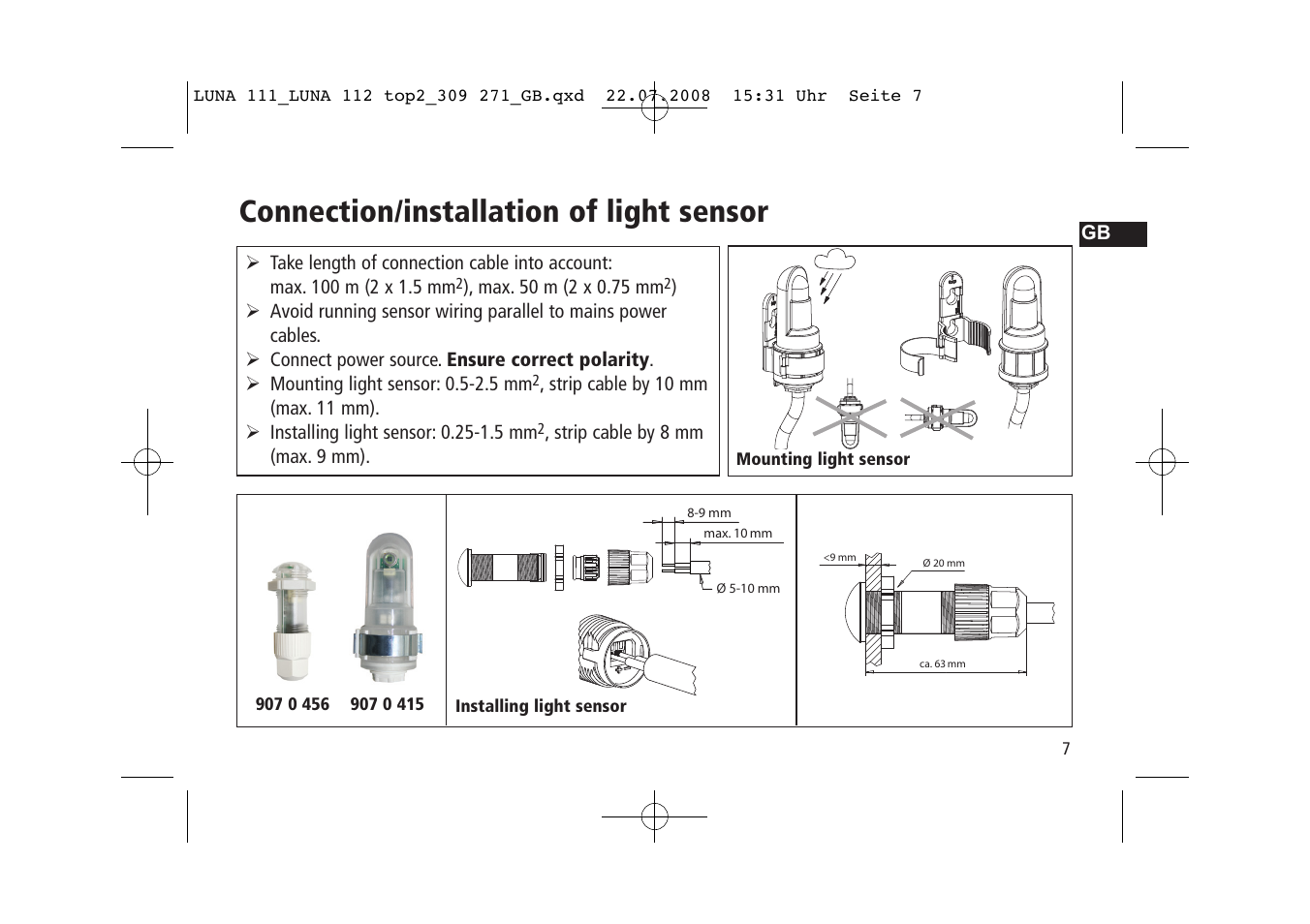 Connection/installation of light sensor | Timeguard LUNA 111 top2 User Manual | Page 7 / 14
