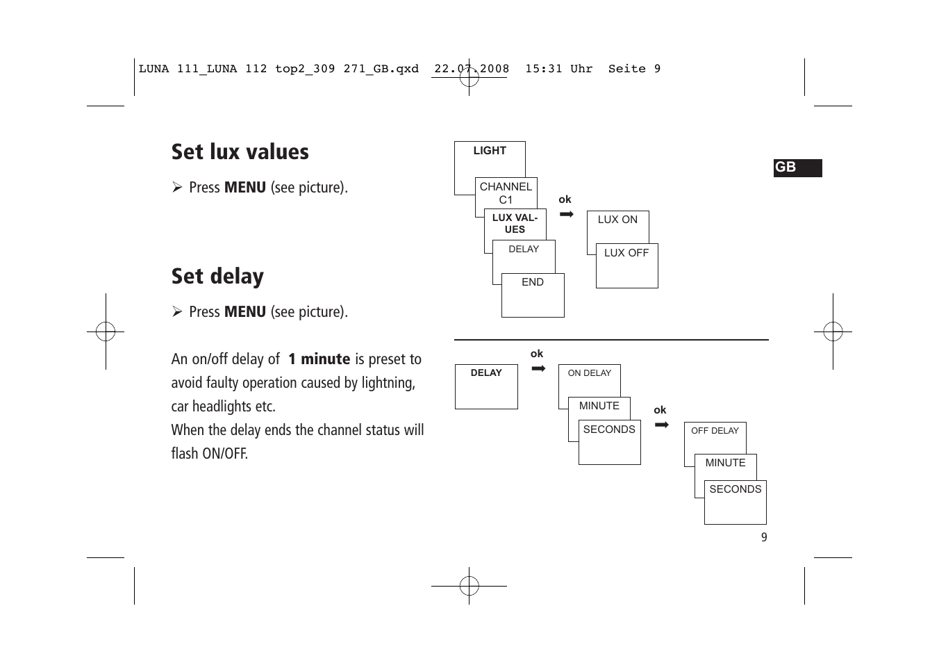 Set lux values, Set delay, Press menu (see picture) | Timeguard LUNA 111 top2 User Manual | Page 9 / 14