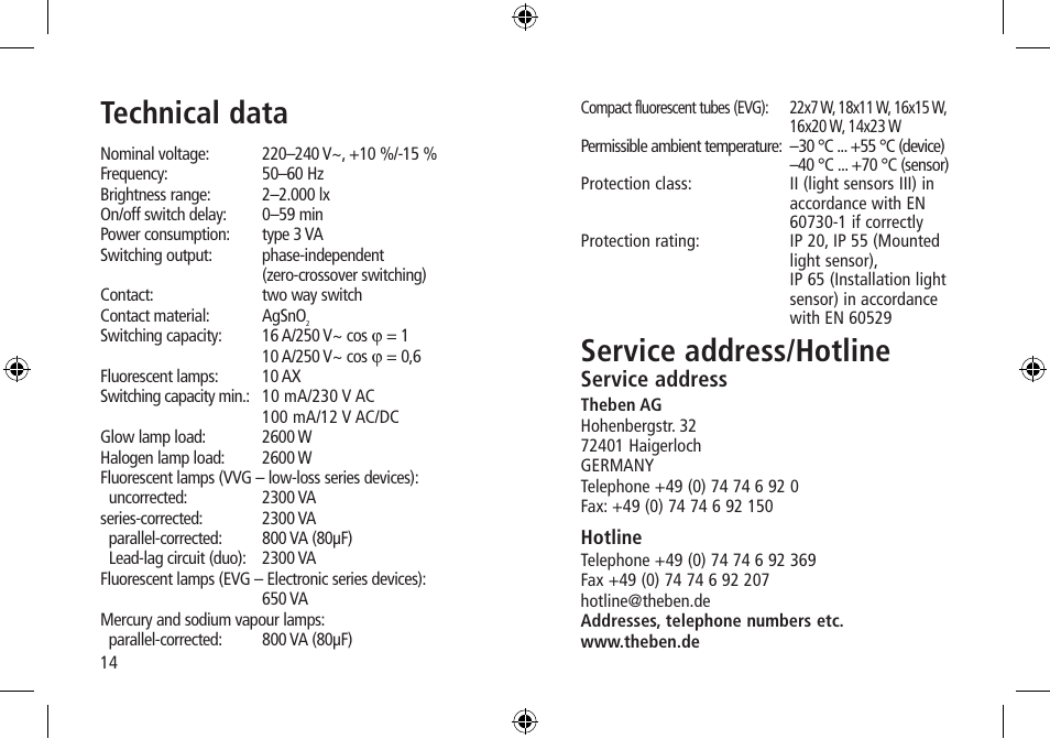 Technical data, Service address/hotline, Service address | Timeguard LUNA 120 top2 User Manual | Page 14 / 14