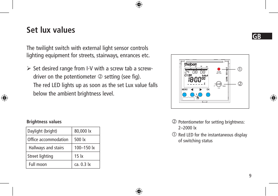 Set lux values | Timeguard LUNA 120 top2 User Manual | Page 9 / 14