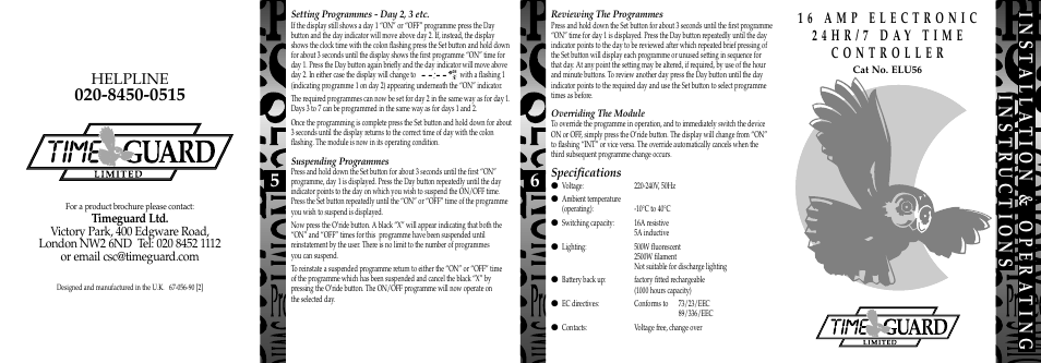 65 inst alla tion & opera ting instructions, Helpline | Timeguard ELU56 User Manual | Page 2 / 2