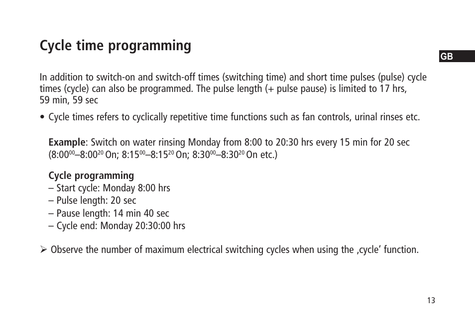 Cycle time programming | Timeguard TR 636 top2 User Manual | Page 13 / 16