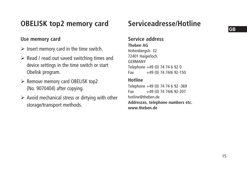 Serviceadresse/hotline | Timeguard TR 636 top2 User Manual | Page 15 / 16