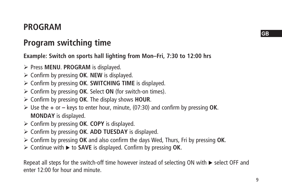 Program program switching time | Timeguard TR 636 top2 User Manual | Page 9 / 16