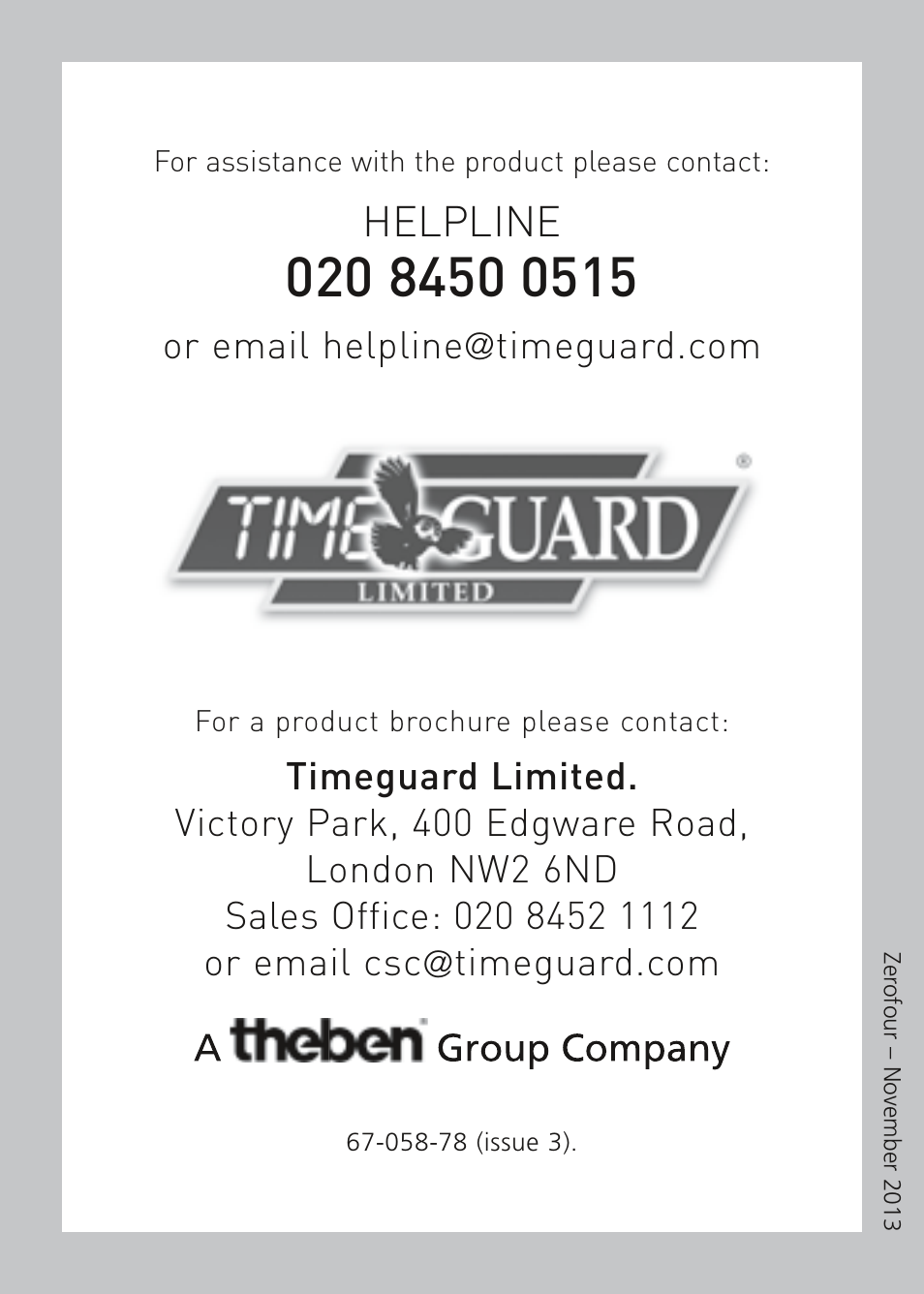 Helpline | Timeguard RTS114 User Manual | Page 8 / 8