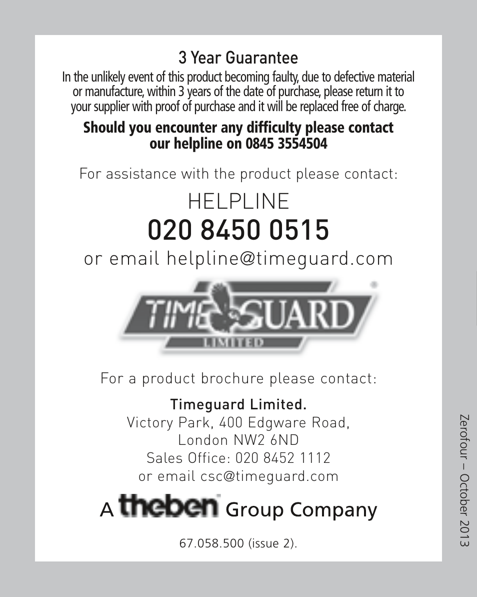 Helpline | Timeguard ZV700 User Manual | Page 12 / 12