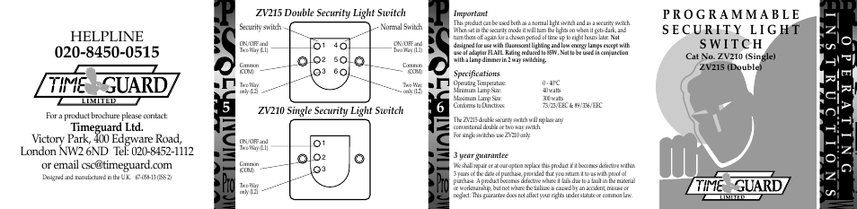 Helpline, Opera ting instructions | Timeguard ZV215 User Manual | Page 2 / 2