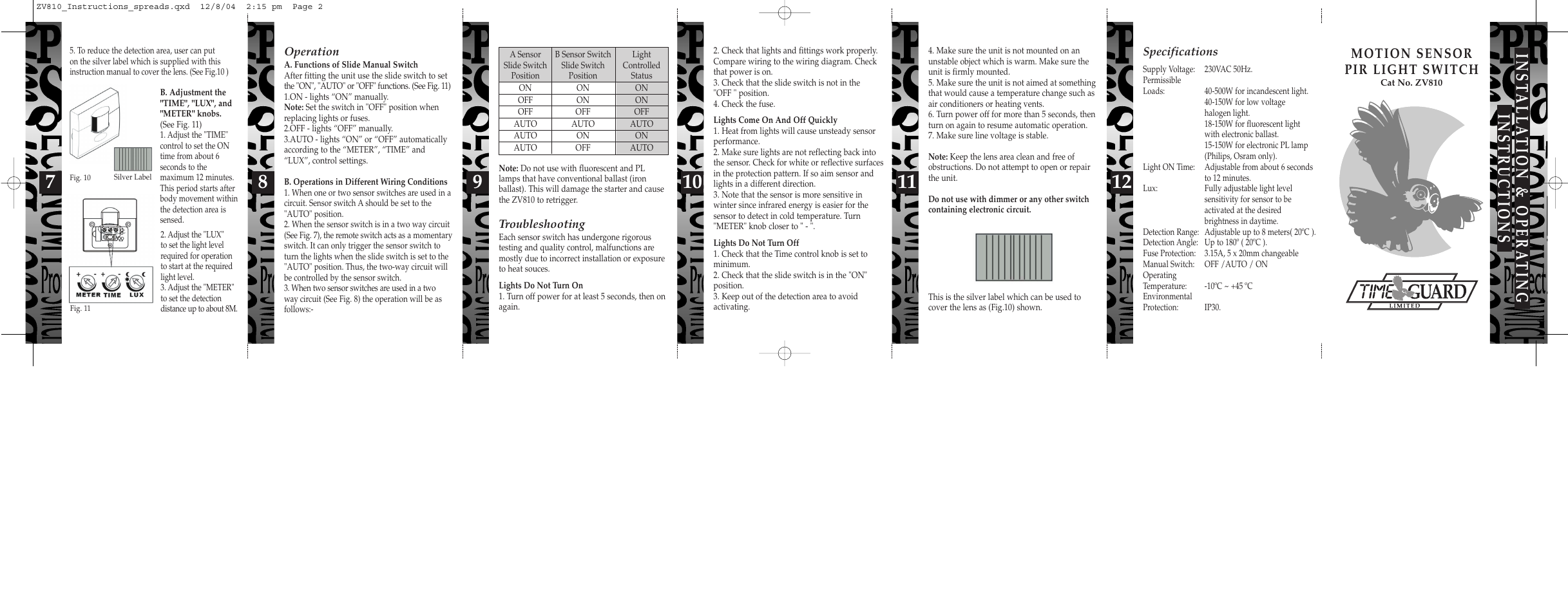 Inst alla tion & opera ting instructions, Motion sensor pir light switch | Timeguard ZV810 User Manual | Page 12 / 14