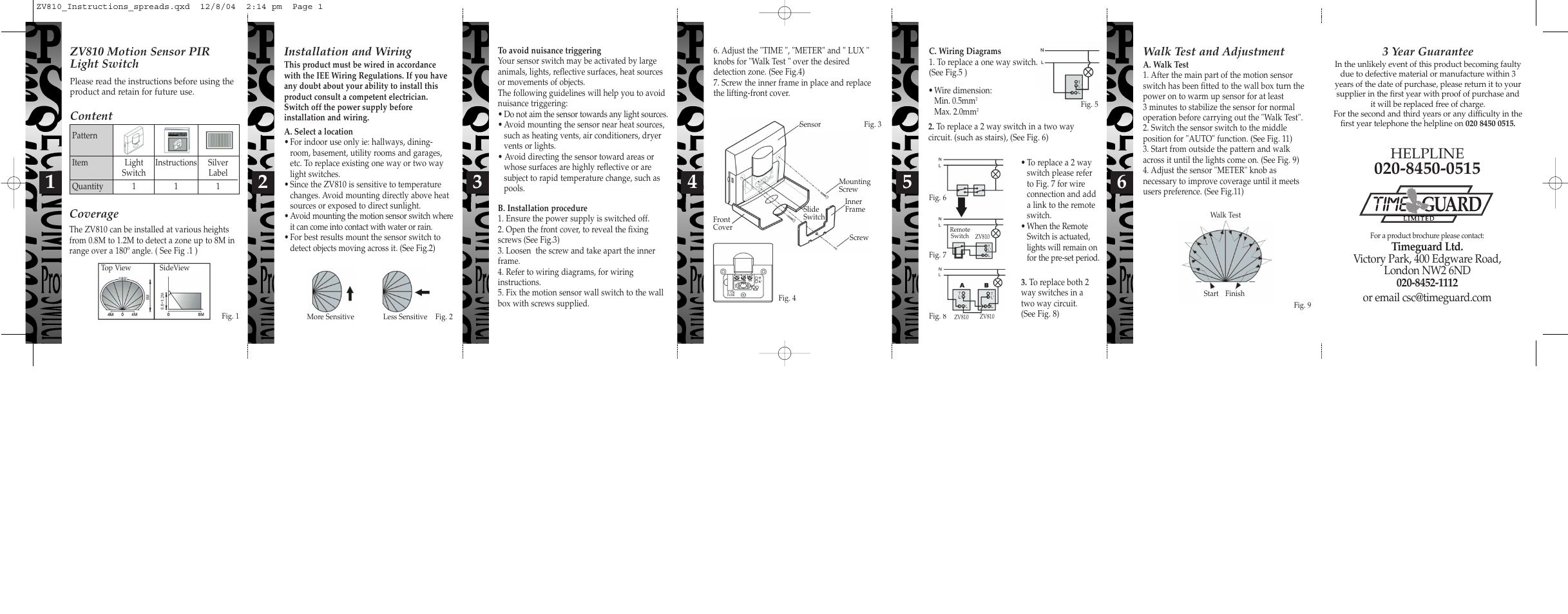 Helpline, Zv810 motion sensor pir light switch, Content coverage | Installation and wiring, Walk test and adjustment, 3 year guarantee | Timeguard ZV810 User Manual | Page 2 / 14