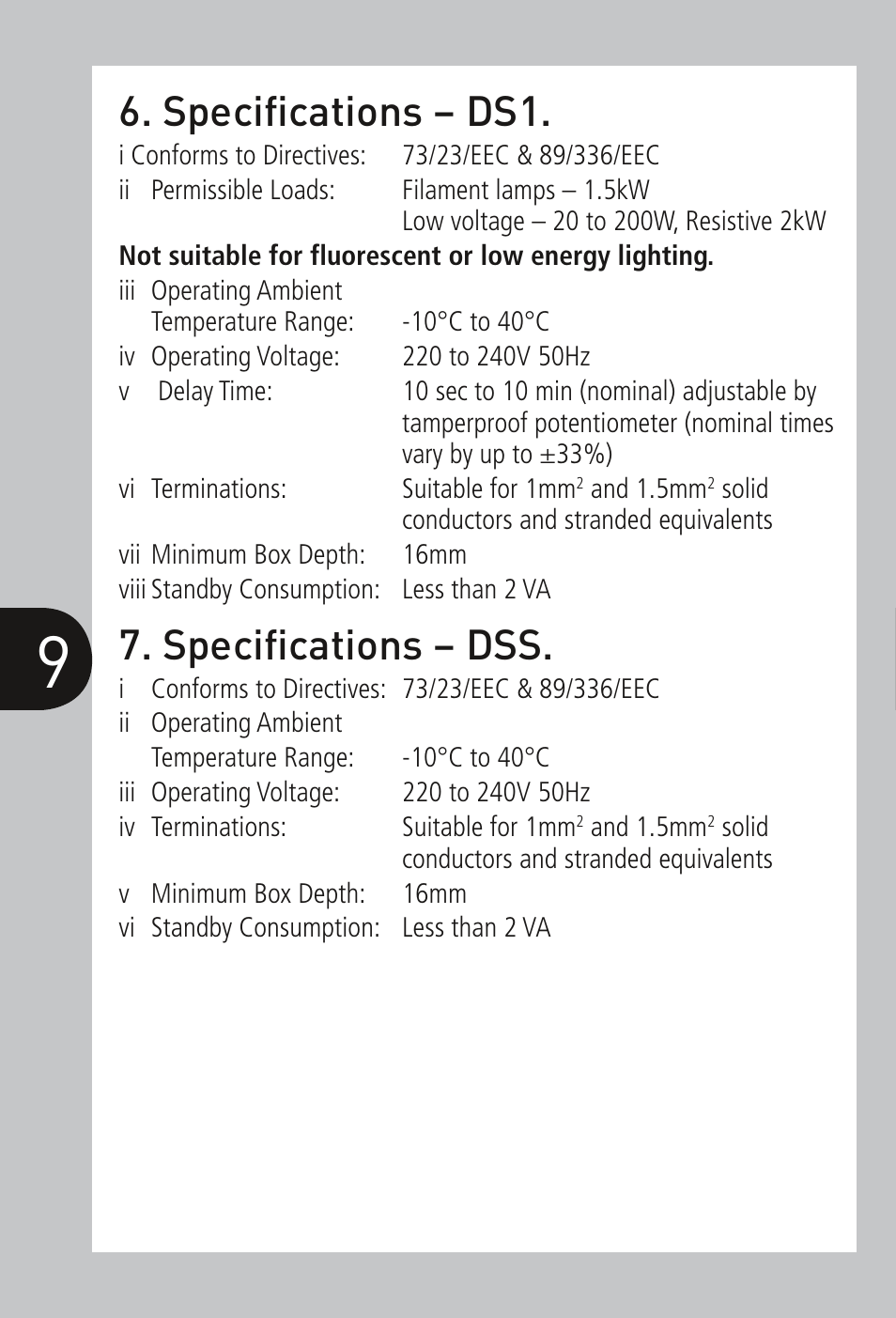 Specifications – ds1, Specifications – dss | Timeguard DSS User Manual | Page 10 / 16