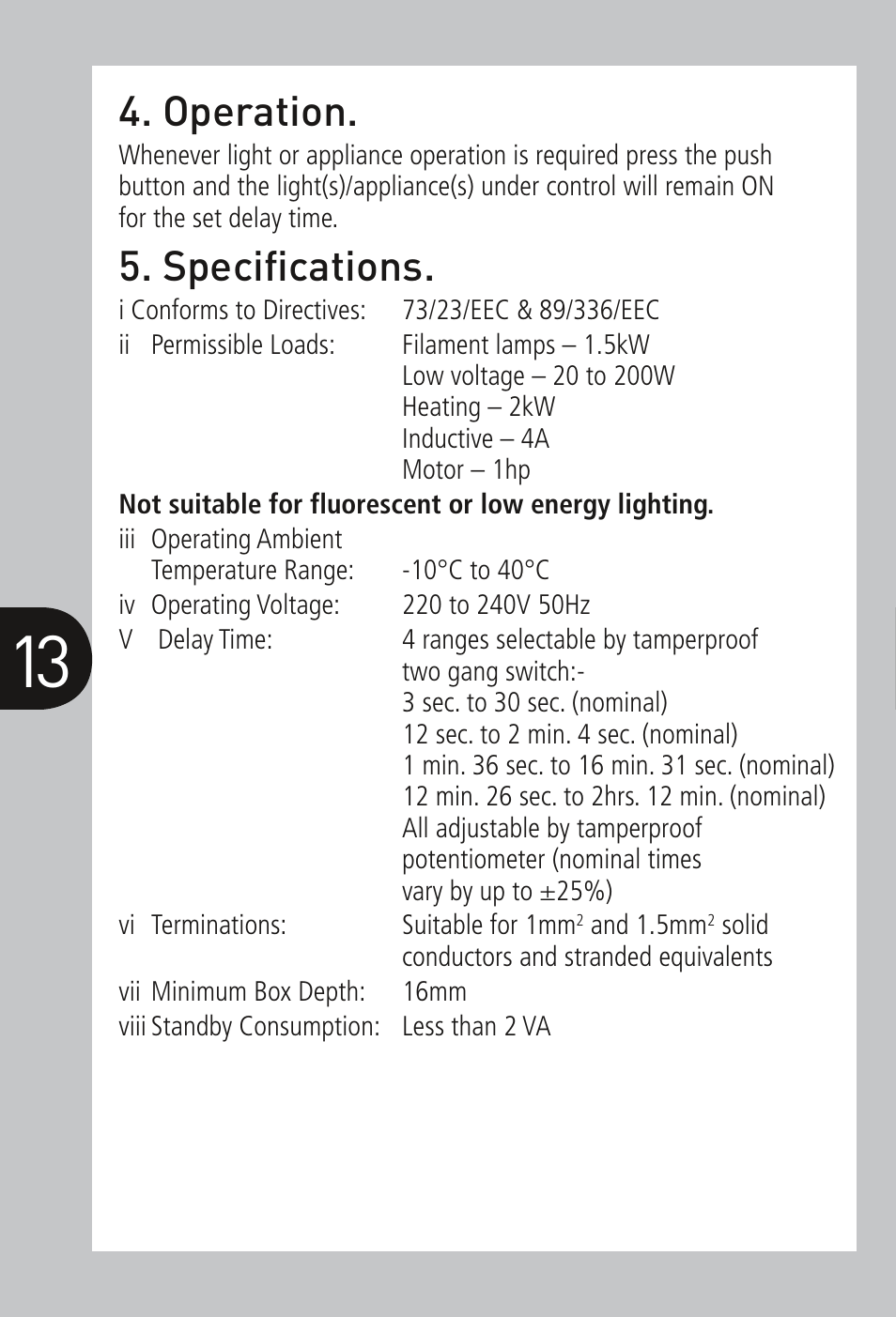 Operation, Specifications | Timeguard DSS User Manual | Page 14 / 16