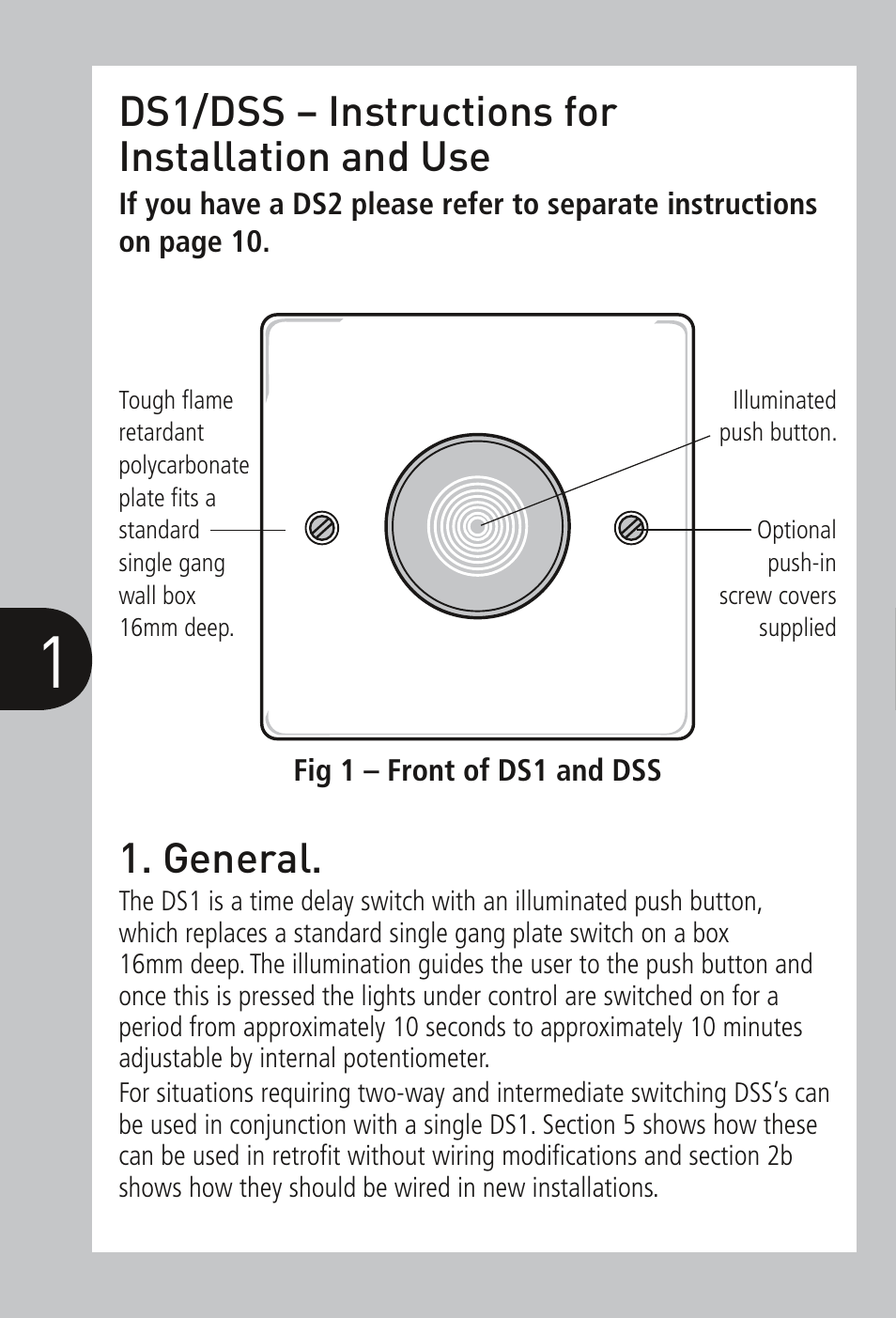 Ds1/dss – instructions for installation and use, General | Timeguard DSS User Manual | Page 2 / 16