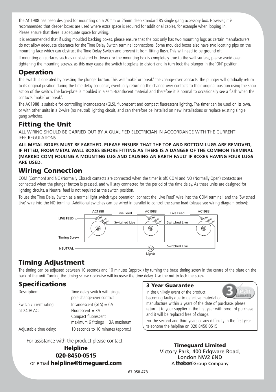 Operation, Wiring connection, Timing adjustment | Specifications, Fitting the unit | Timeguard DS4 User Manual | Page 2 / 2