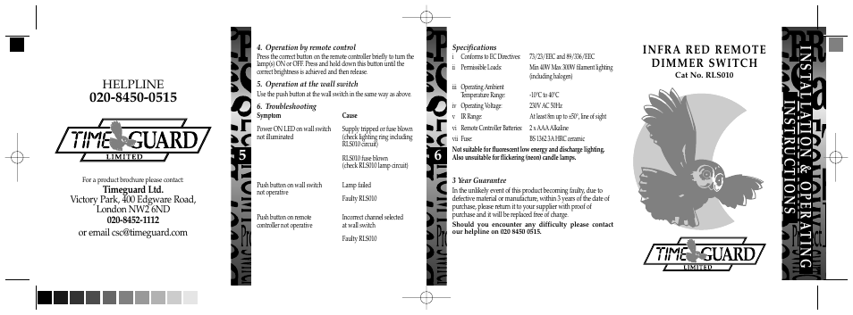 65 inst alla tion & opera ting instructions, Infra red remote dimmer switch, Helpline | Timeguard RLS010 User Manual | Page 2 / 2