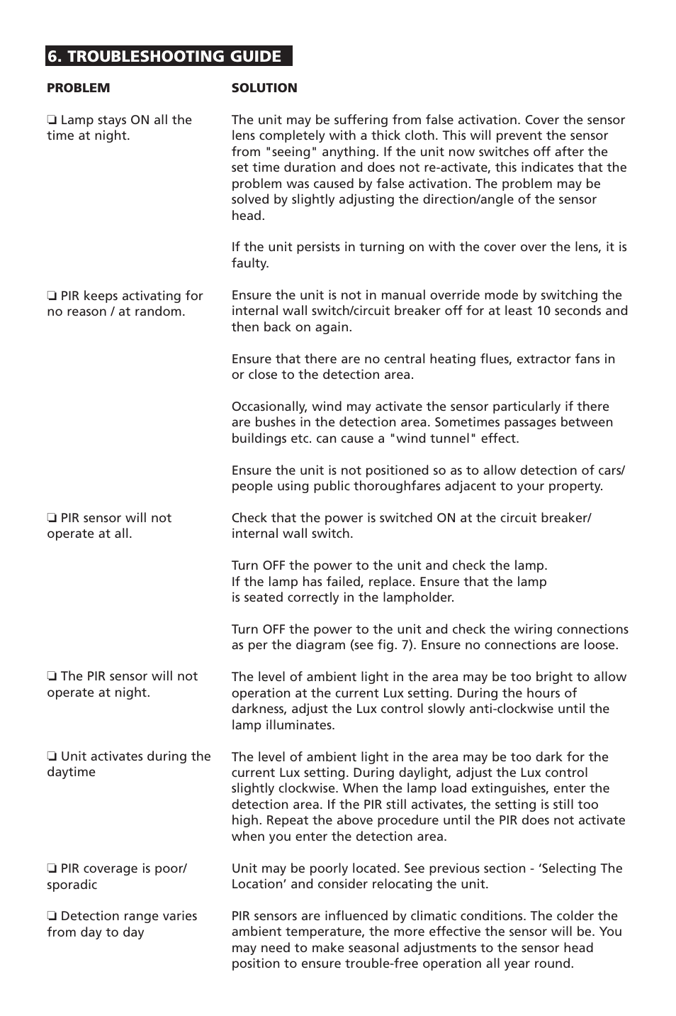 Troubleshooting guide | Timeguard ECO36PIR User Manual | Page 7 / 8