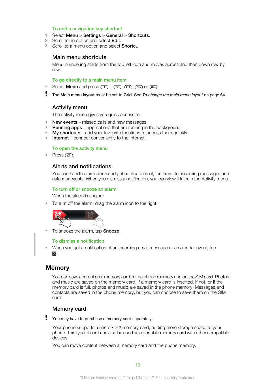 Memory | Sony Ericsson Aino™(U10) User Manual | Page 13 / 78