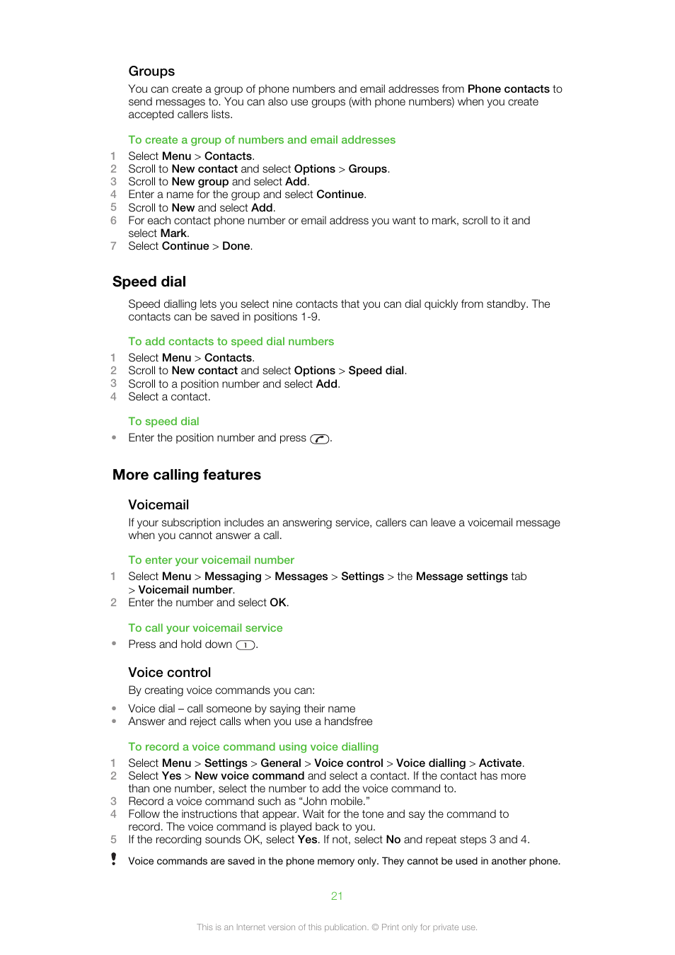 Speed dial, More calling features, Speed dial more calling features | Sony Ericsson Aino™(U10) User Manual | Page 21 / 78