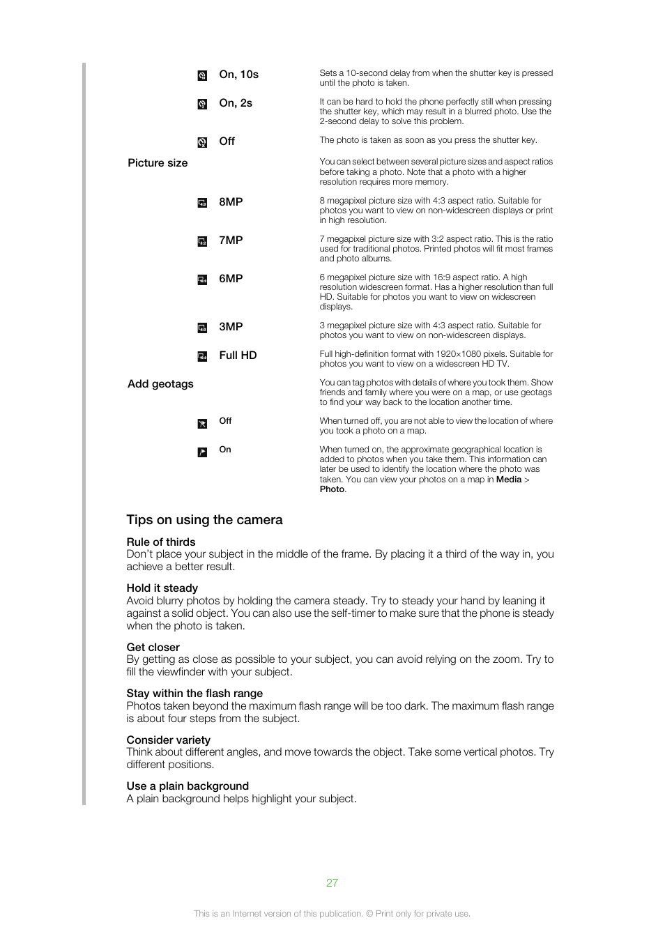 Tips on using the camera | Sony Ericsson Aino™(U10) User Manual | Page 27 / 78