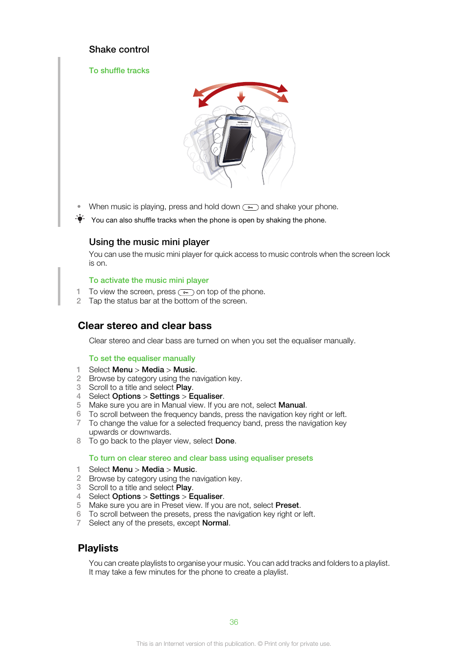 Clear stereo and clear bass, Playlists, Clear stereo and clear bass playlists | Sony Ericsson Aino™(U10) User Manual | Page 36 / 78