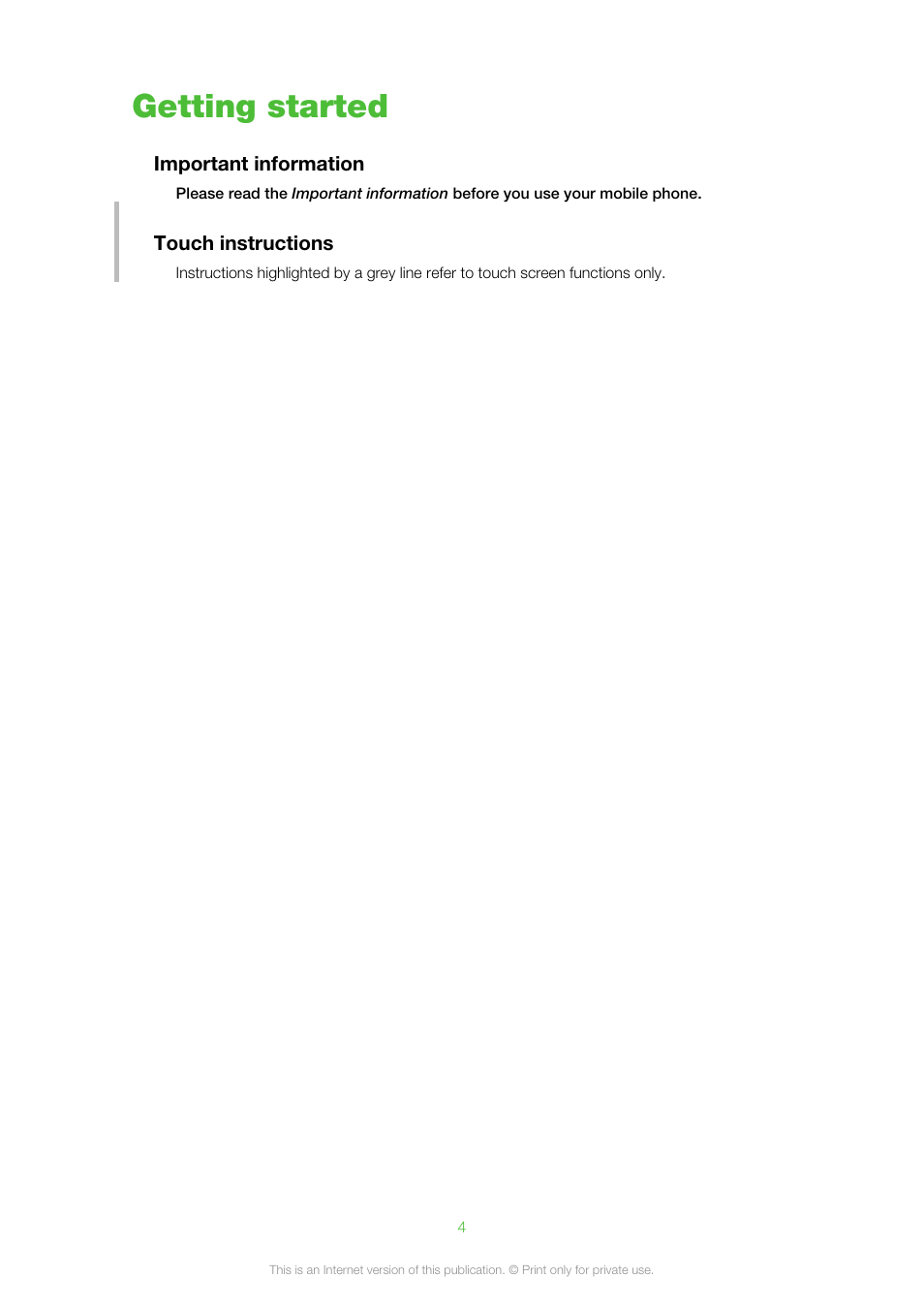 Getting started, Important information, Touch instructions | Sony Ericsson Aino™(U10) User Manual | Page 4 / 78