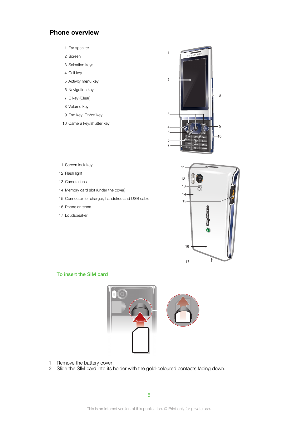 Phone overview | Sony Ericsson Aino™(U10) User Manual | Page 5 / 78