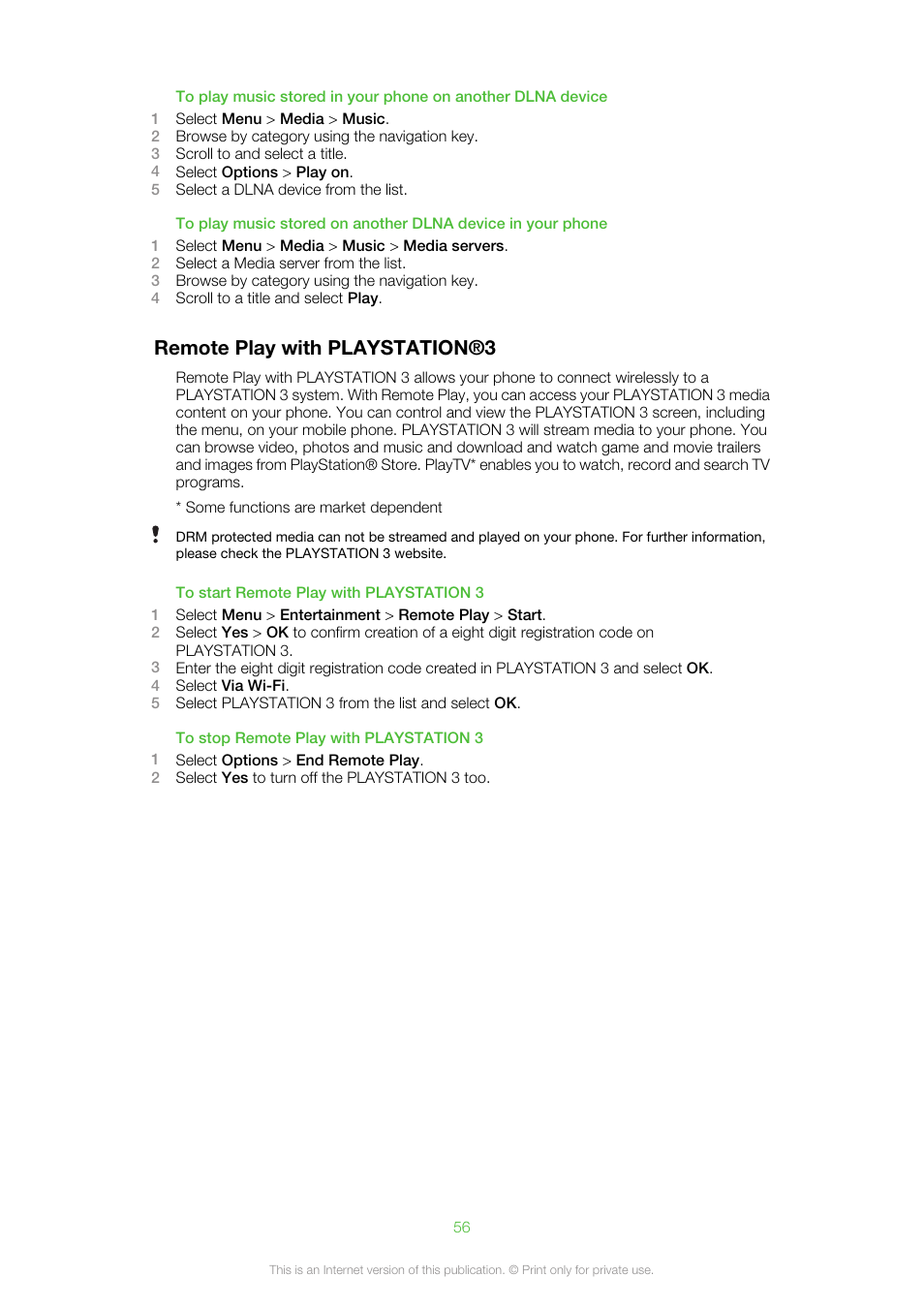 Remote play with playstation®3 | Sony Ericsson Aino™(U10) User Manual | Page 56 / 78