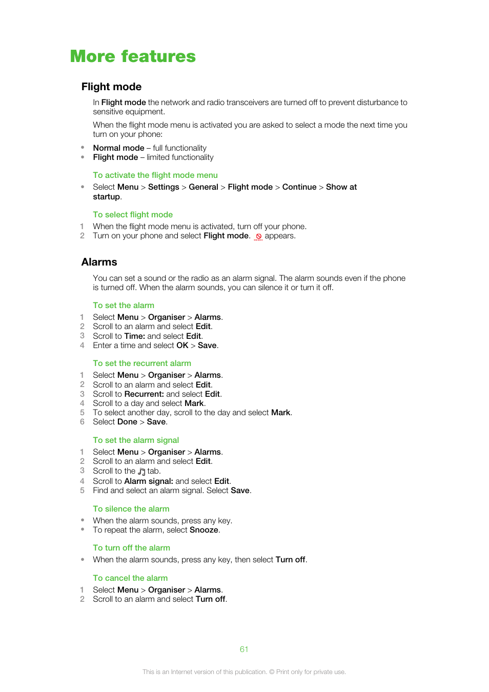More features, Flight mode, Alarms | Flight mode alarms | Sony Ericsson Aino™(U10) User Manual | Page 61 / 78