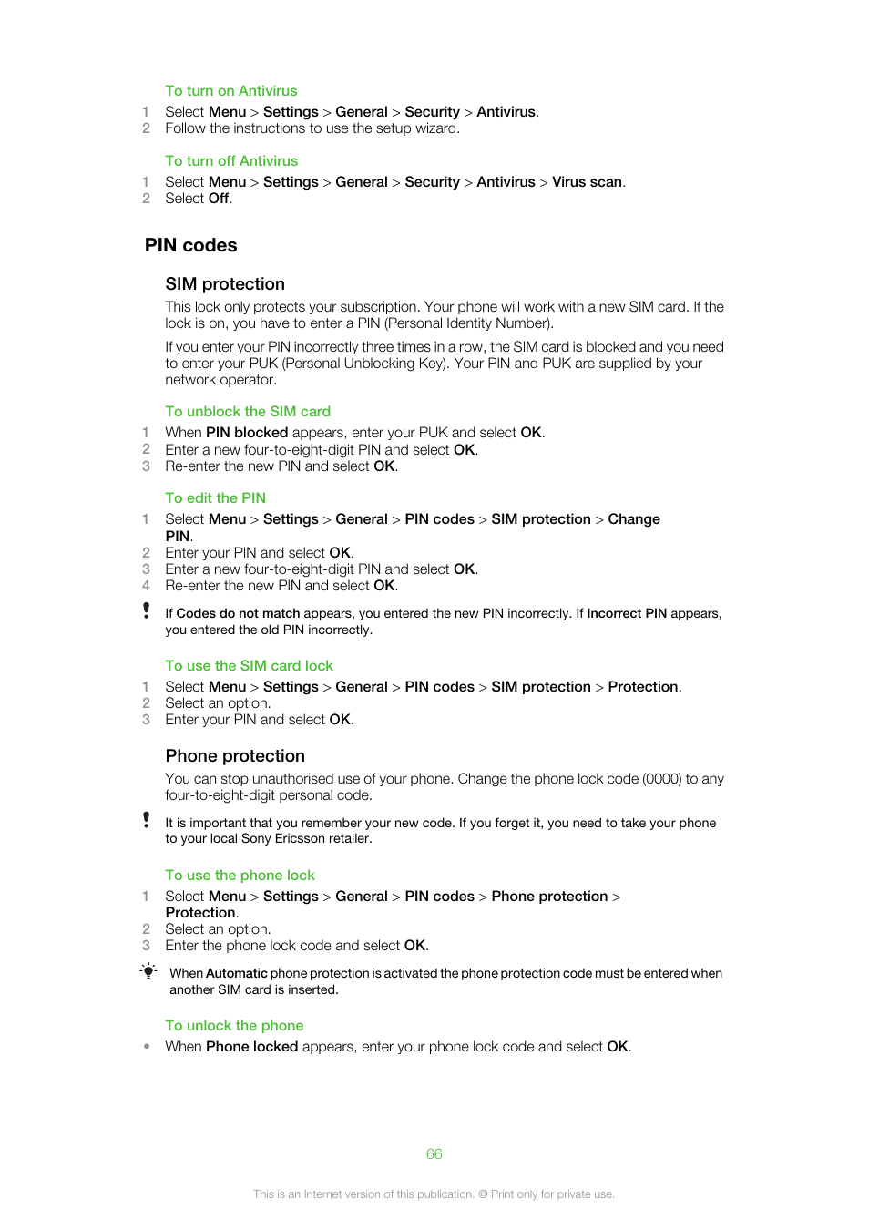 Pin codes | Sony Ericsson Aino™(U10) User Manual | Page 66 / 78