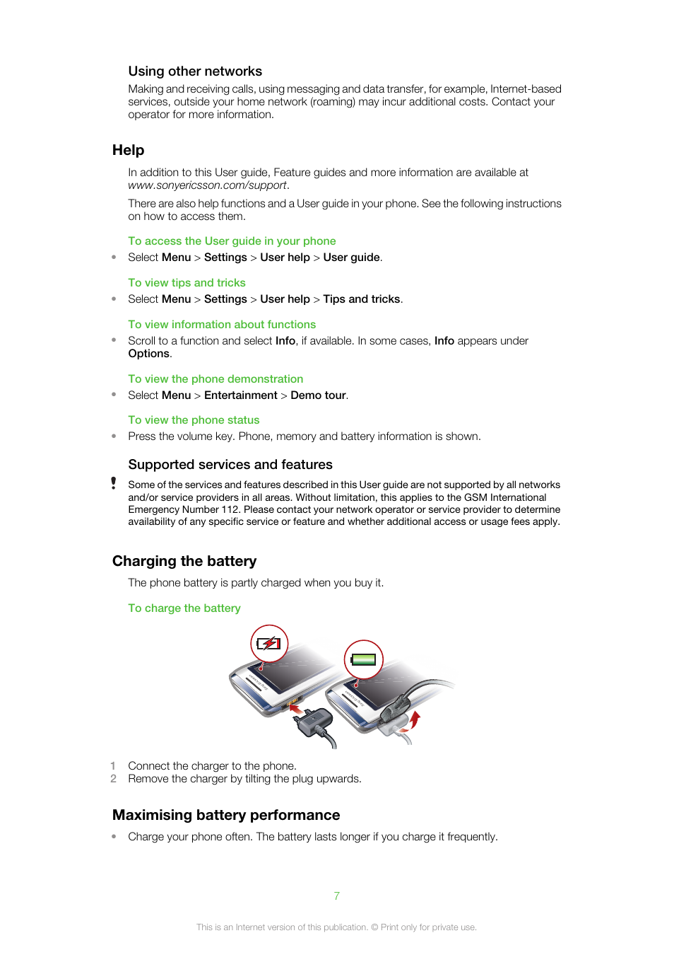 Help, Charging the battery, Maximising battery performance | Sony Ericsson Aino™(U10) User Manual | Page 7 / 78
