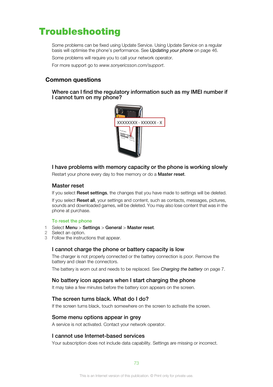 Troubleshooting, Common questions | Sony Ericsson Aino™(U10) User Manual | Page 73 / 78