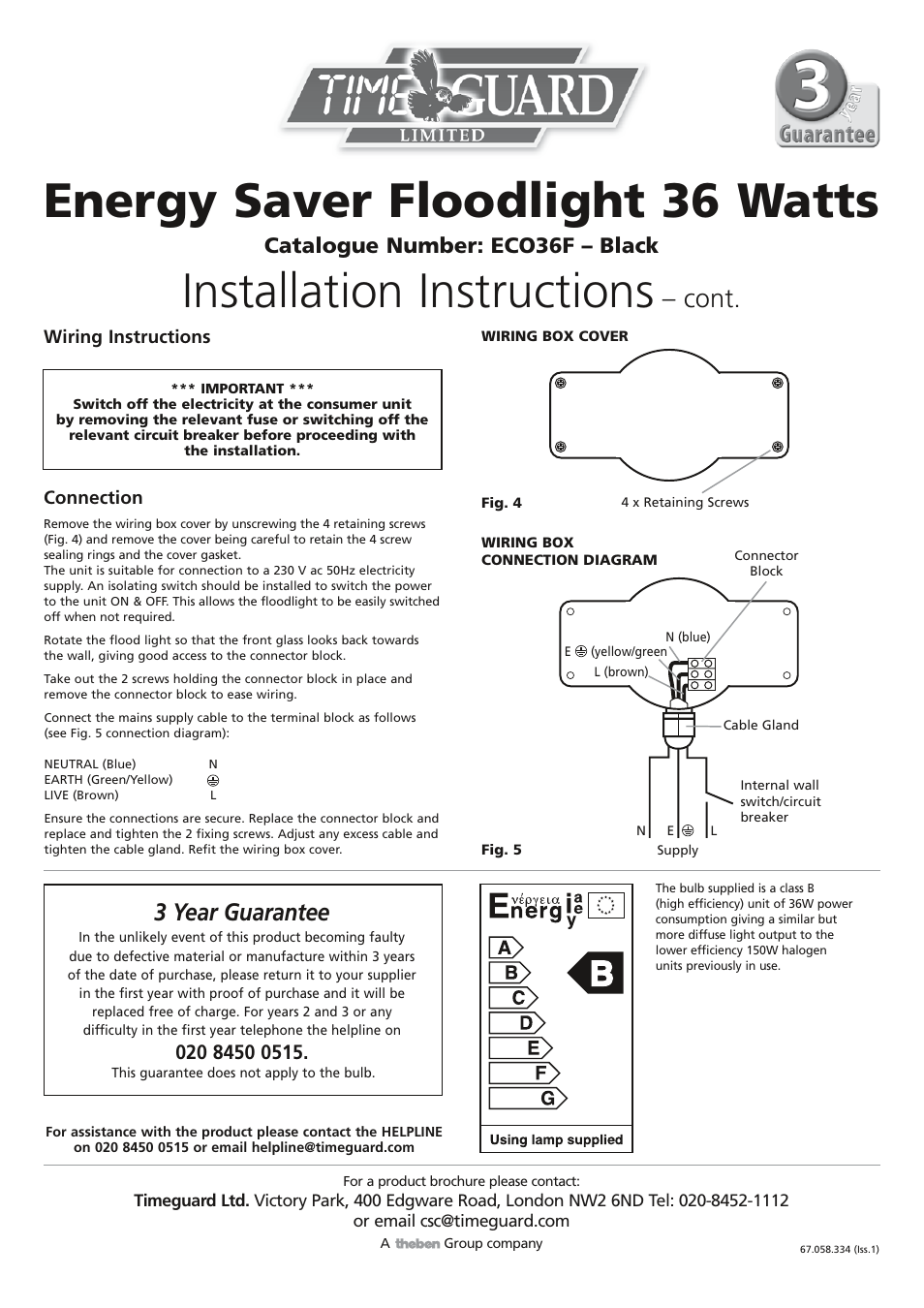 Energy saver floodlight 36 watts, Installation instructions, Cont | 3 year guarantee, Catalogue number: eco36f – black | Timeguard ECO36F User Manual | Page 2 / 2