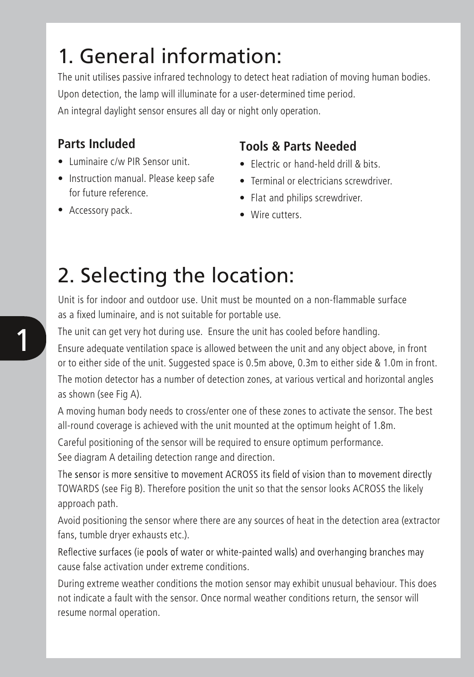 General information, Selecting the location, Operating and testing | Installation, Technical specifications, Trouble shooting guide, Td t d | Timeguard LED88PIR User Manual | Page 2 / 12