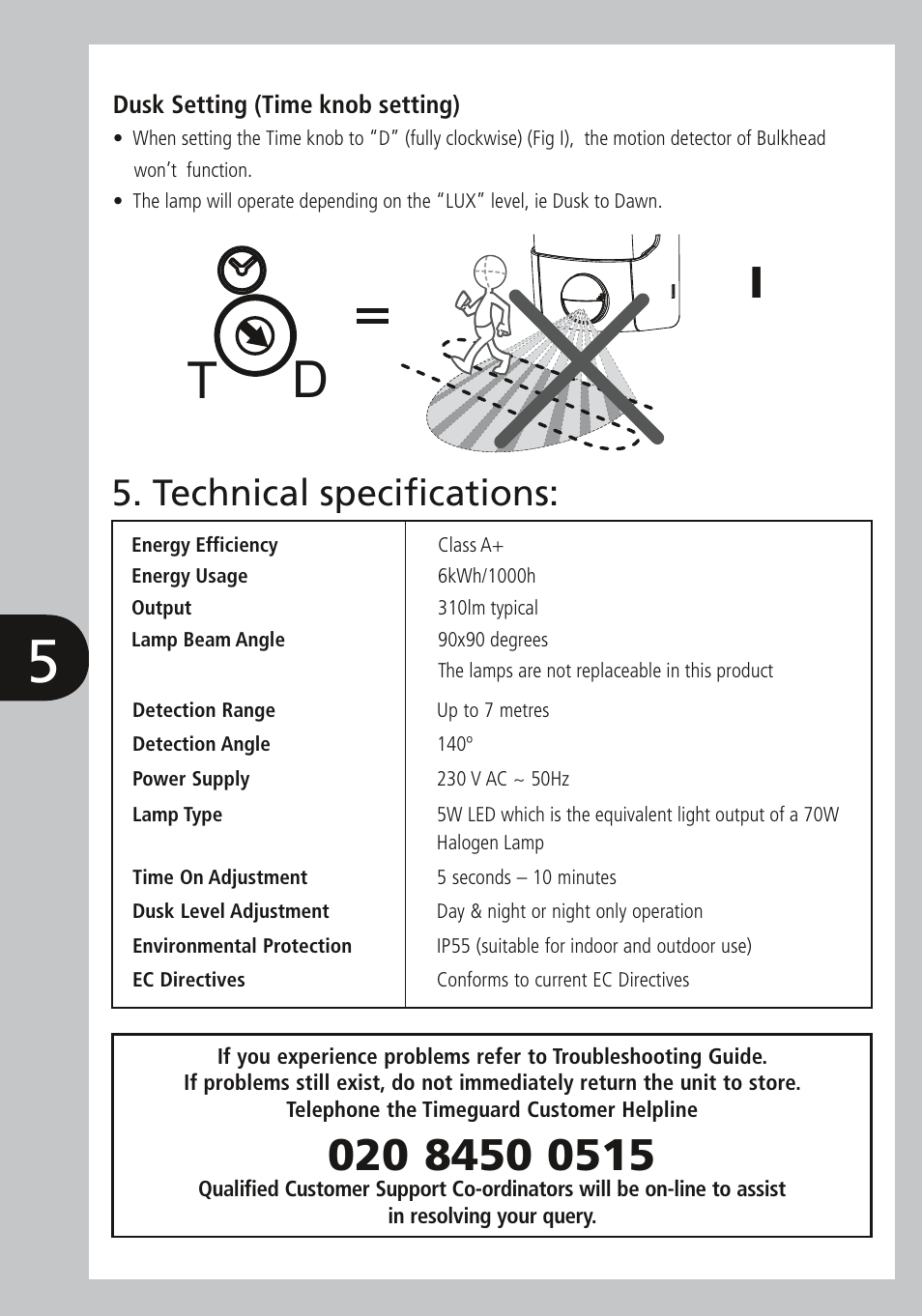 General information, Selecting the location, Operating and testing | Installation, Technical specifications, Trouble shooting guide, Td t d | Timeguard LED88PIR User Manual | Page 6 / 12