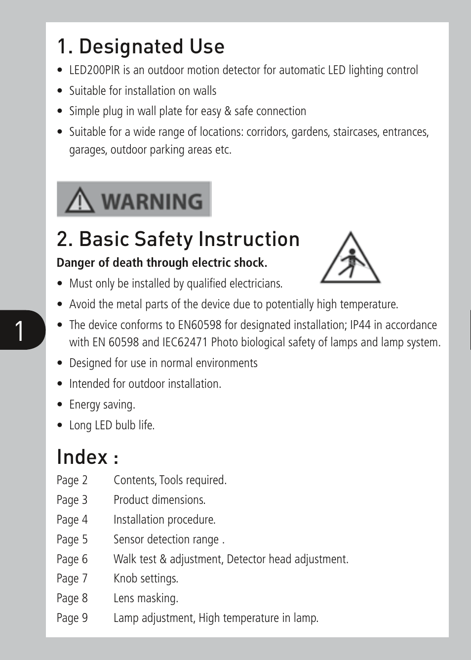 Led200pirwhb_instructs, Designated use, Index | Basic safety instruction | Timeguard LED200PIRWH User Manual | Page 2 / 12