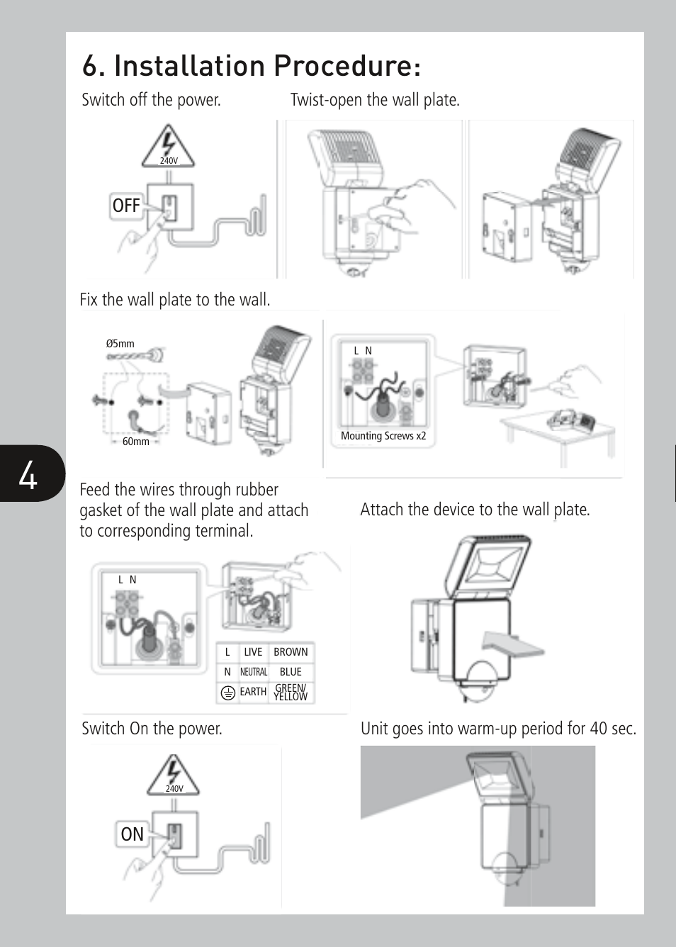 Installation procedure, Off on | Timeguard LED100PIRWH User Manual | Page 5 / 12