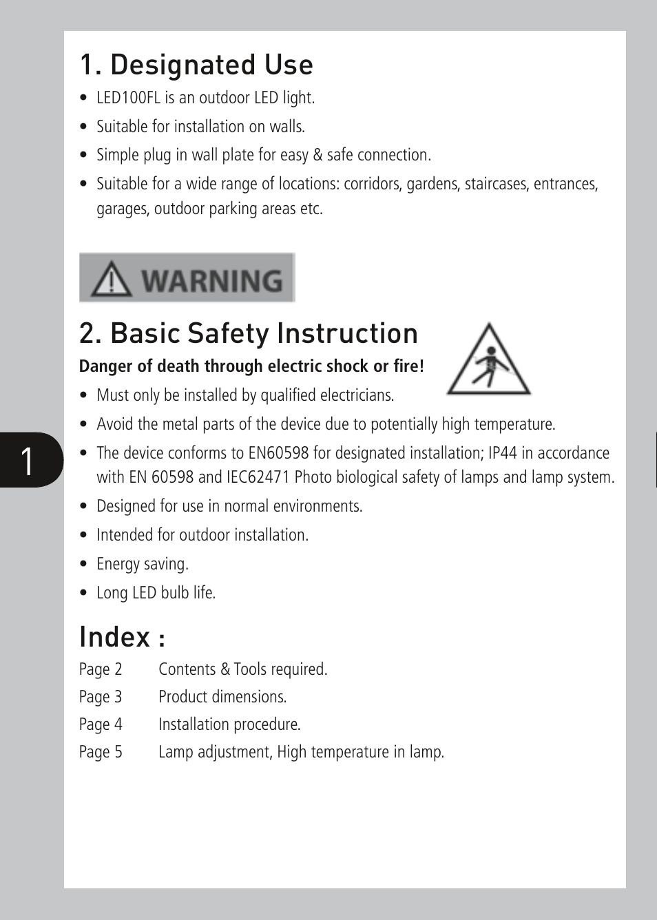 Led100flwhb_instructs, Designated use, Index | Basic safety instruction | Timeguard LED100FLWH User Manual | Page 2 / 8