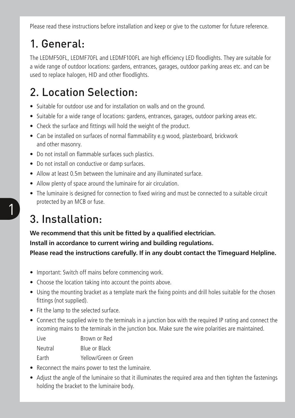 General, Location selection, Installation | Timeguard LEDMF100FL User Manual | Page 2 / 4