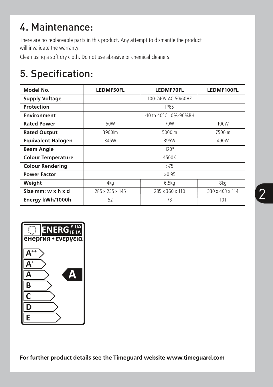Maintenance, Specification, Energ | Ab c d e, Еpгия ⁺ ενεργεια | Timeguard LEDMF100FL User Manual | Page 3 / 4