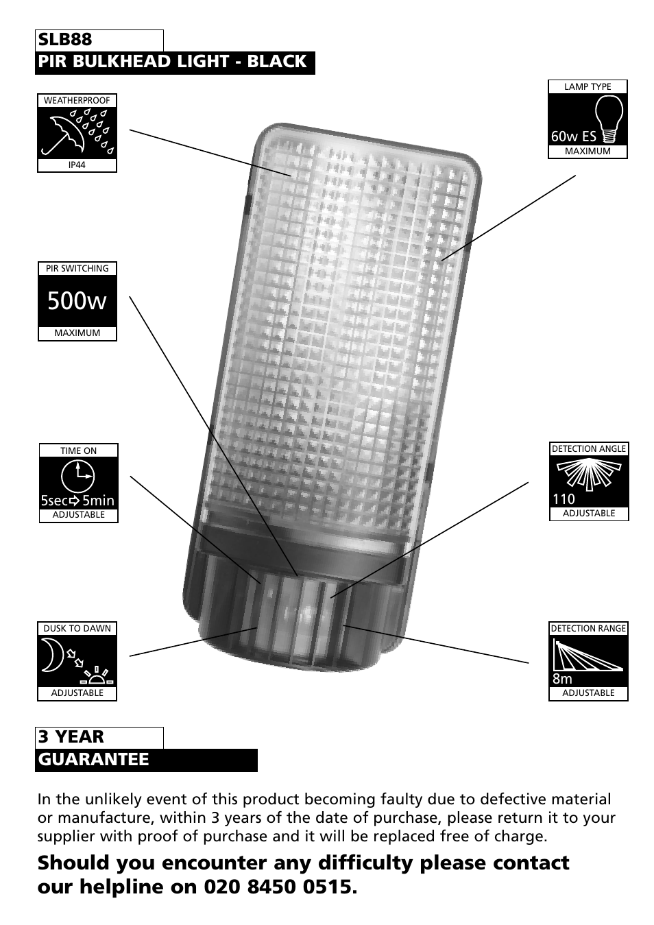 500w, 3 year guarantee slb88 pir bulkhead light - black | Timeguard SLW89 User Manual | Page 2 / 12