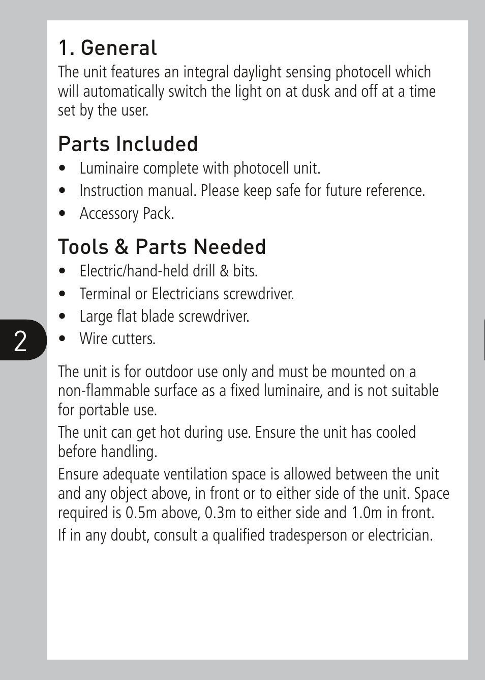 General, Parts included, Tools & parts needed | Timeguard NSLB90 User Manual | Page 3 / 8