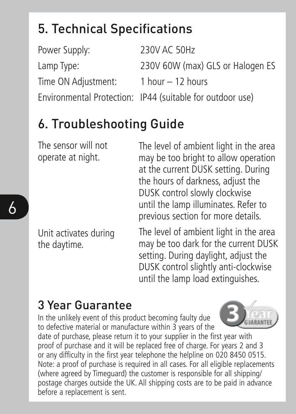 Technical speciﬁ cations, Troubleshooting guide, 3 year guarantee | Timeguard NSLB90 User Manual | Page 7 / 8