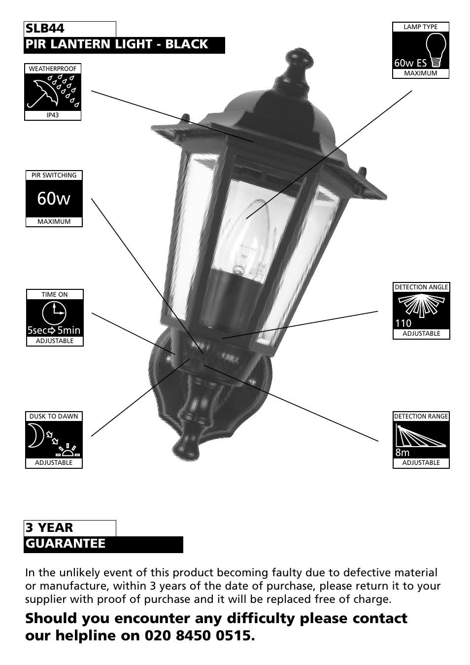 3 year guarantee, Slb44 pir lantern light - black | Timeguard SLW45 User Manual | Page 2 / 12