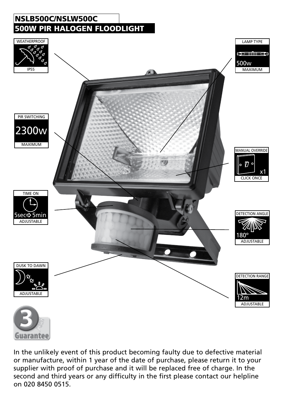 2300w, Black, 180º | 500w, 5sec 5min, 230w | Timeguard NSLB150C User Manual | Page 2 / 11